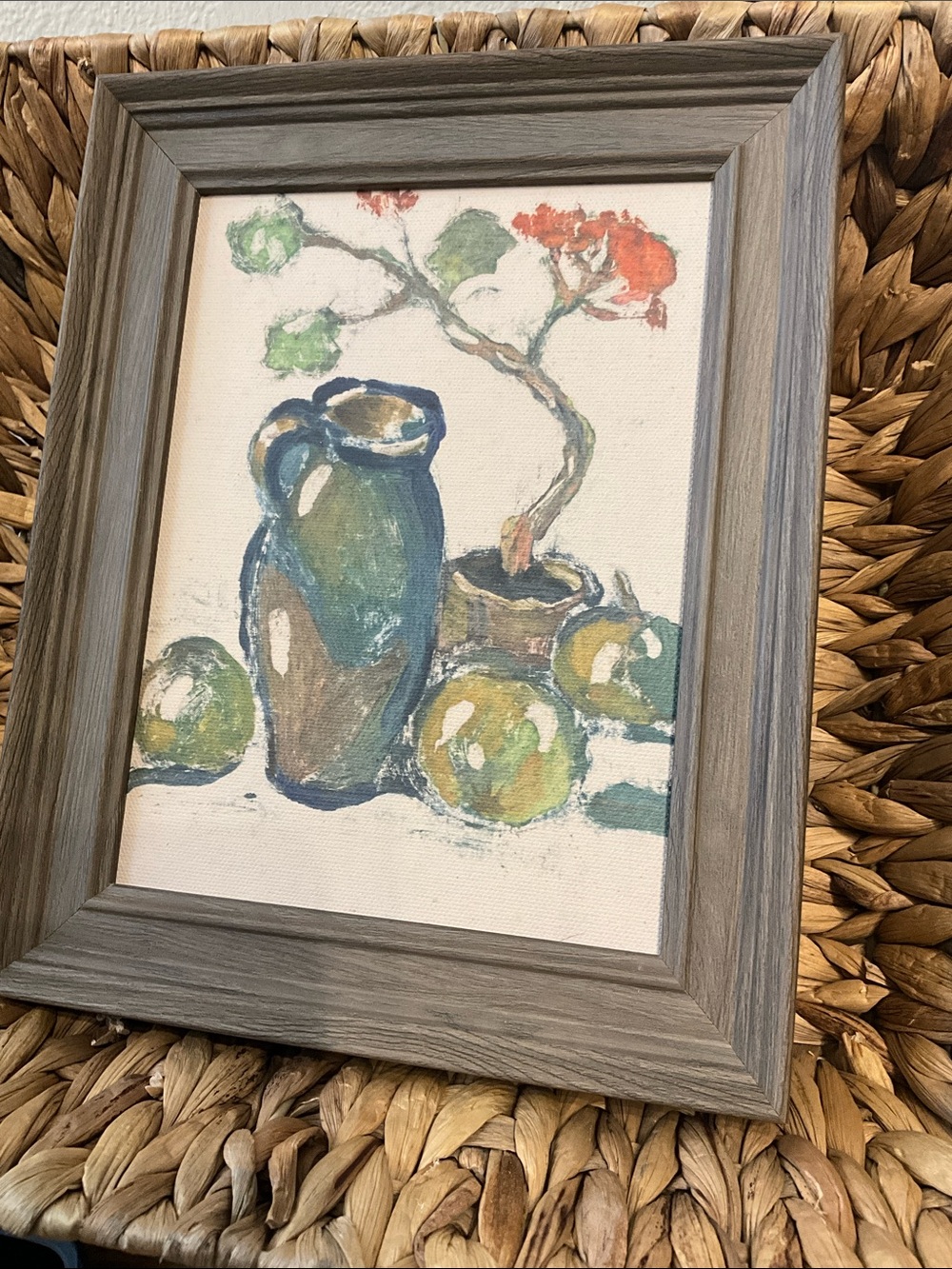 Framed Still Life Wall Art in Blue and Green Pottery/floral fruit